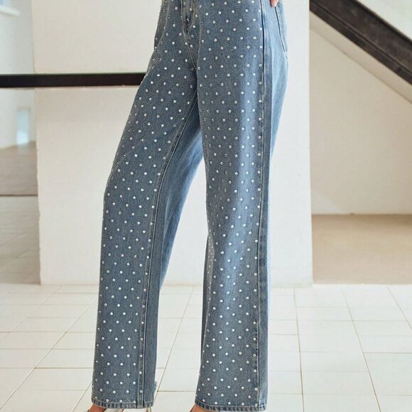 Blue Women's Rhinestone Detail Wide Leg Jeans - Picture 7 of 7